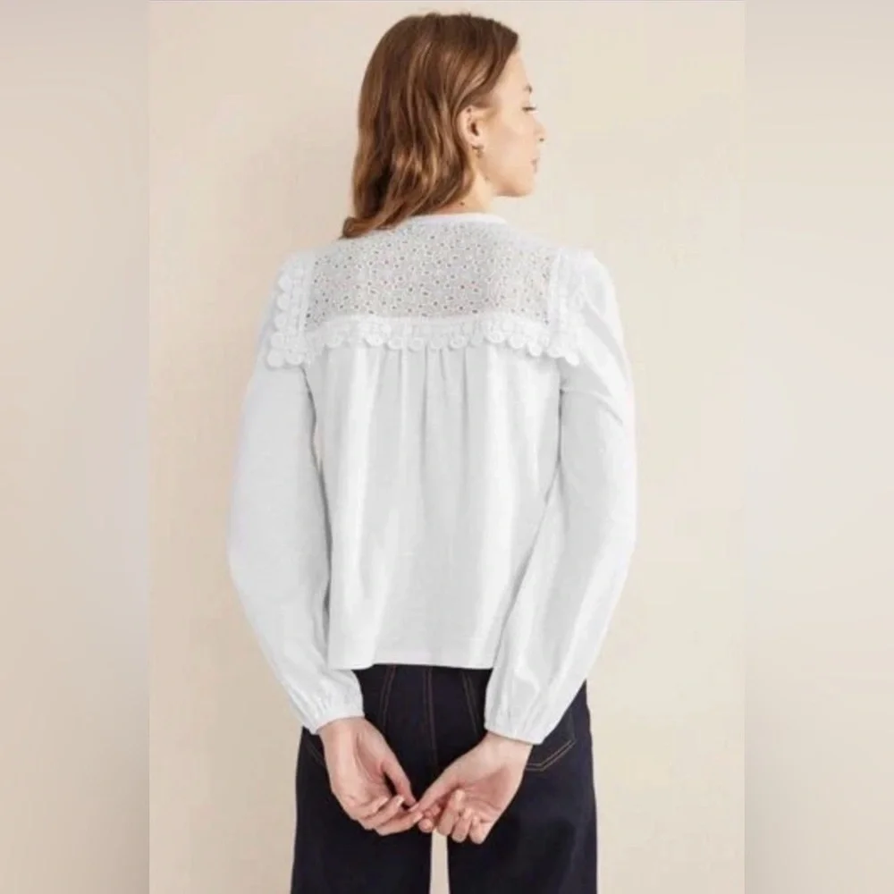Boden White Eyelet Lace Notch Neck Crochet Trim Top, Size 12 - Picture 2 of 12
